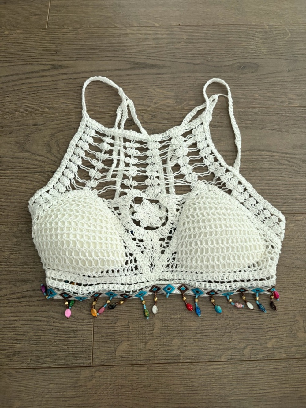 Hand-Crocheted White Beaded Bralette